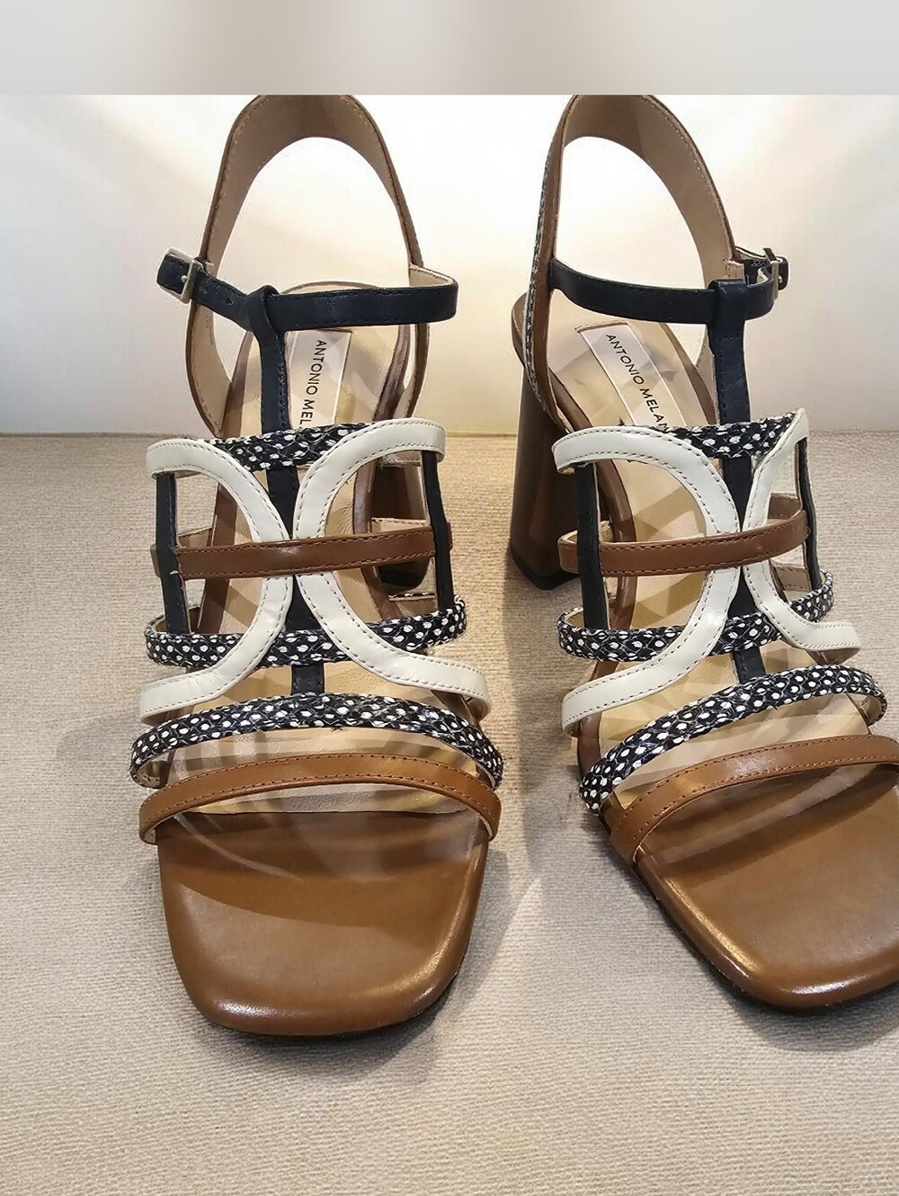 Antonio Melani Brown & Black Woven Strap Block Heel Sandals